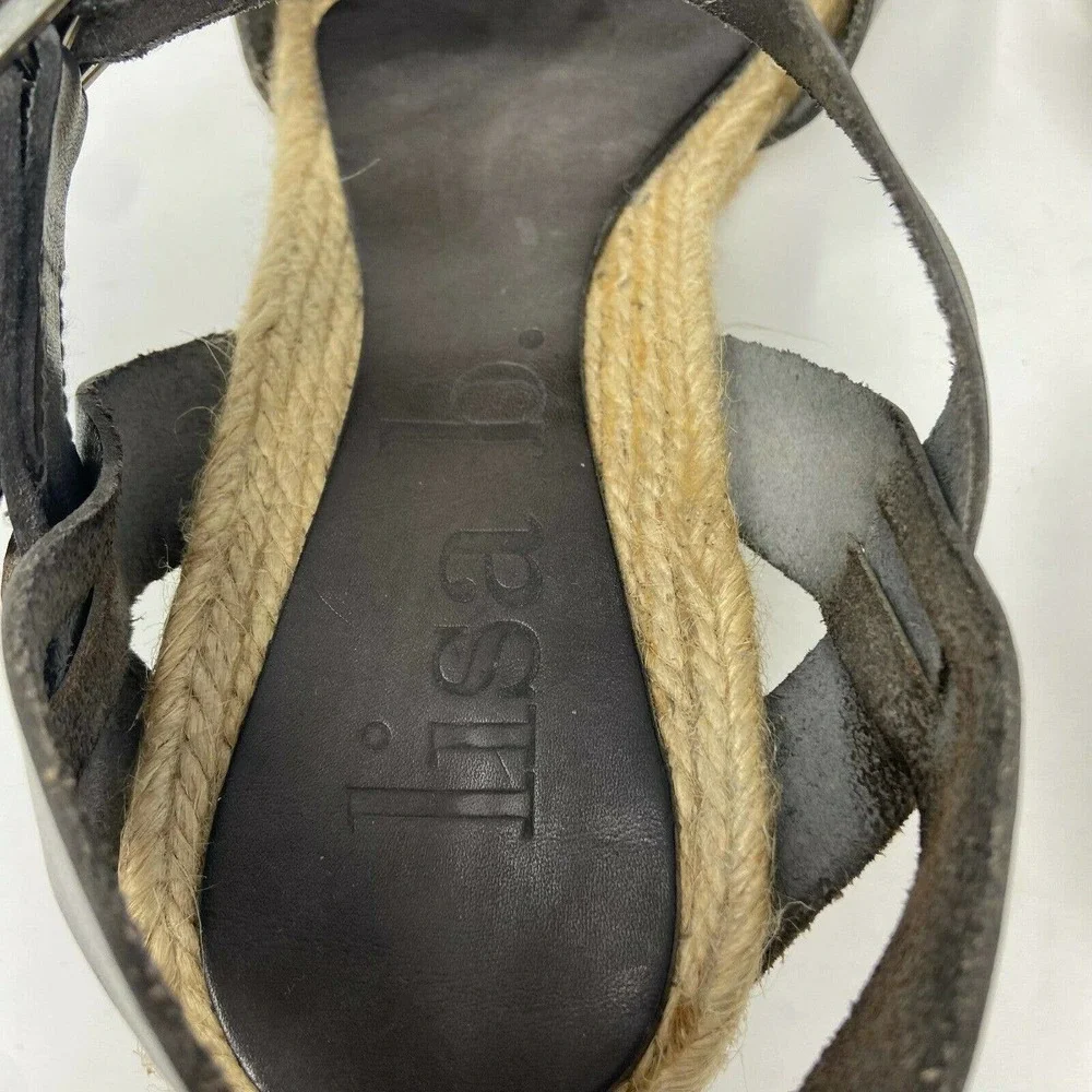 lisa b. Gray Leather Crossover Espadrille Wedge Sandals